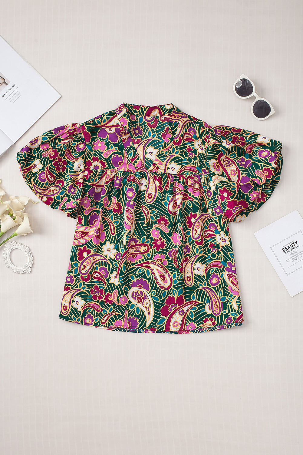 V Neck Short Bubble Sleeve Paisley Blouse