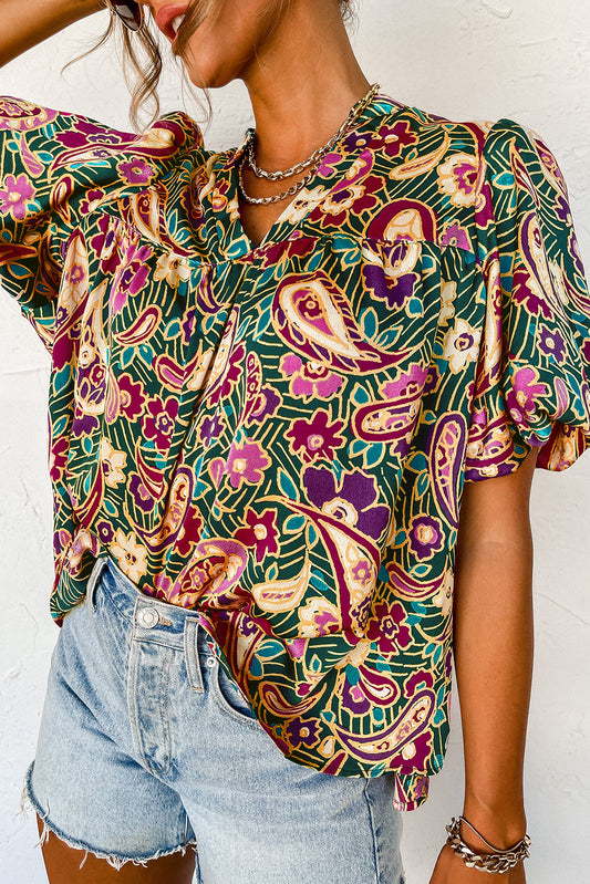 V Neck Short Bubble Sleeve Paisley Blouse