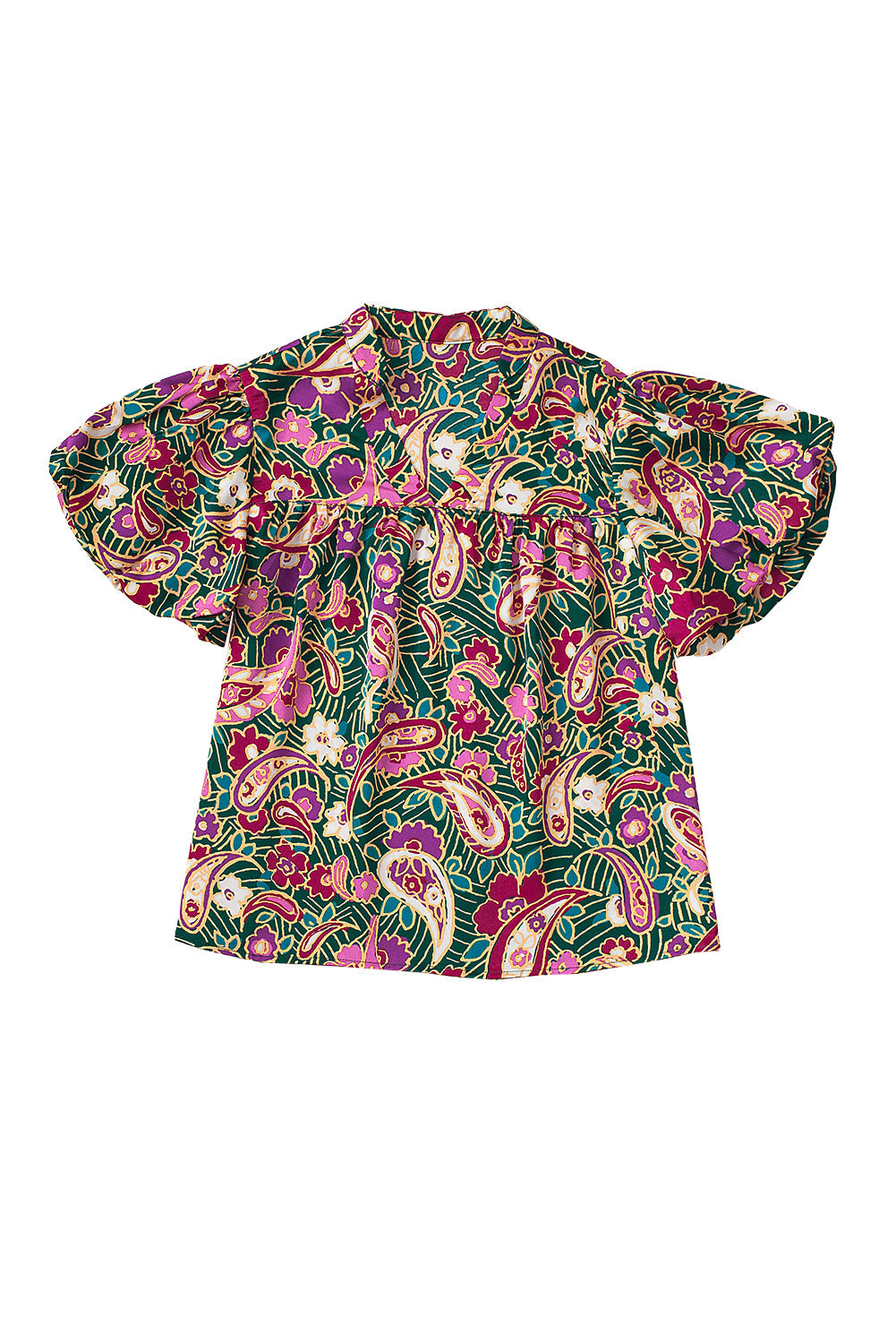 V Neck Short Bubble Sleeve Paisley Blouse