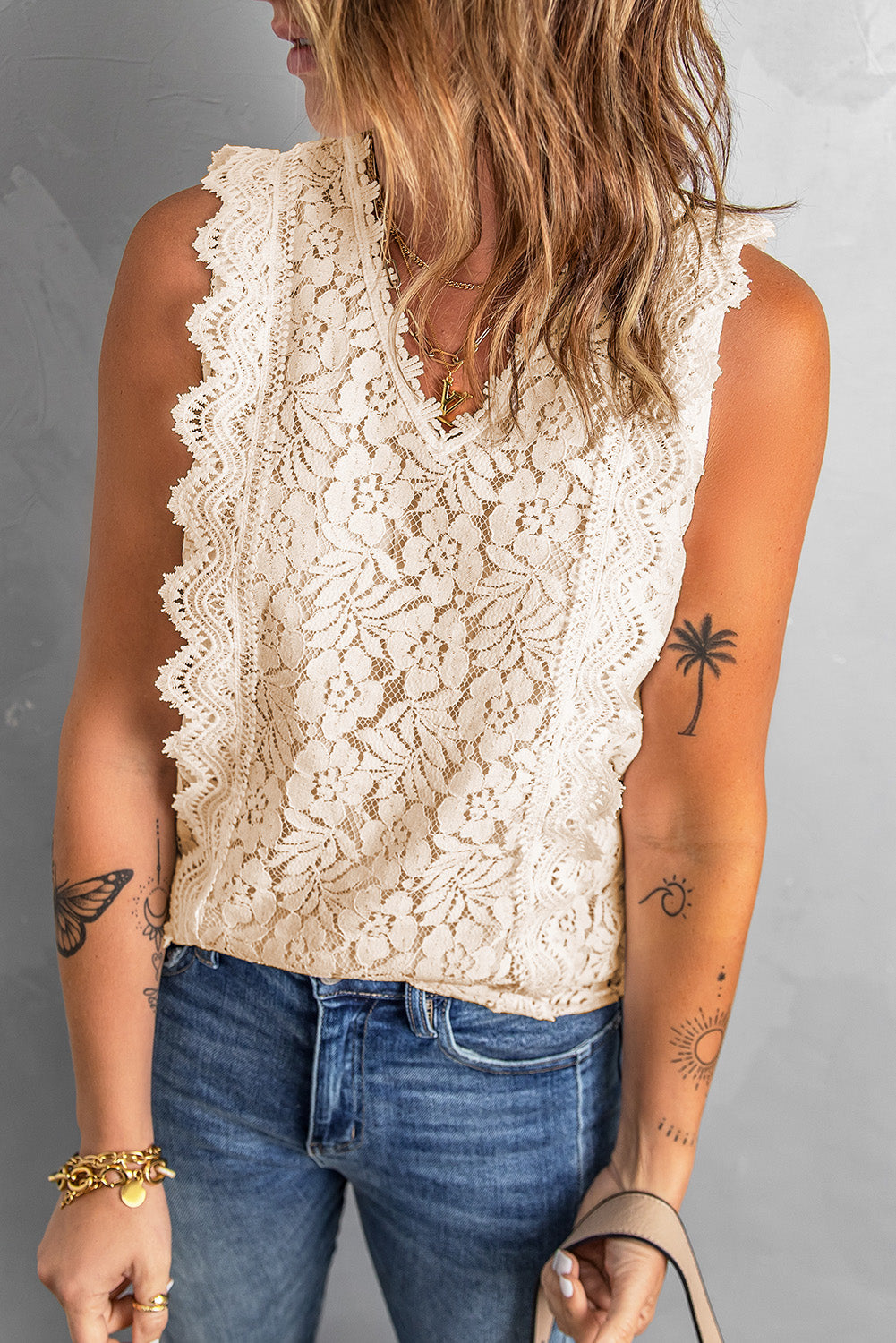 Summer Beige V Neck Lace Tank Top