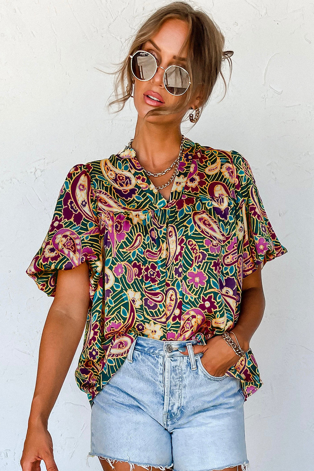 V Neck Short Bubble Sleeve Paisley Blouse